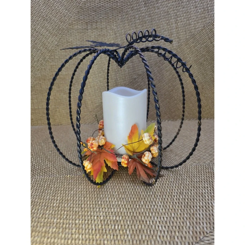 Thanksgiving Autumn Fall Pumpkin‎ Candle Holder Metal Frame LED Flameless Candle